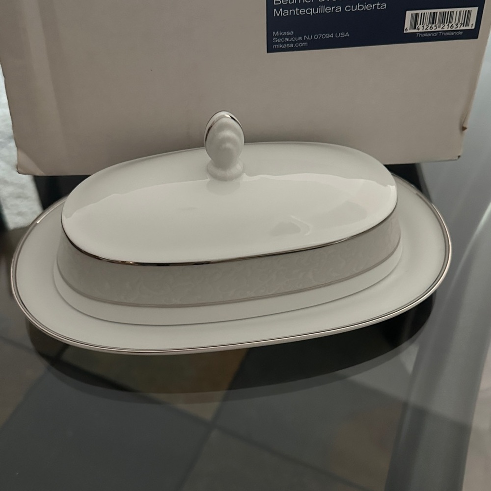 Mikasa White and Silver Butter Dish